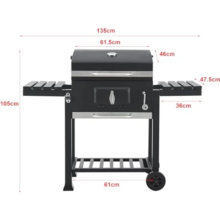 casa.pro Grillwagen 'Arnad' 105x135x47,5cm Schwarz, mit integriertem Deckelthermometer und höhenverstellbarem Holzkohlebehälter – Bild 6