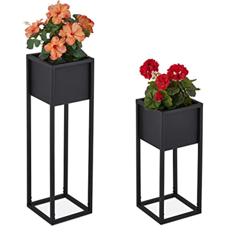 Relaxdays Blumenständer 2er Set, Metall, 2 Größen, mit Gestell, Wohnzimmer & Flur, eckiger Pflanztopfständer, schwarz – Bild 1