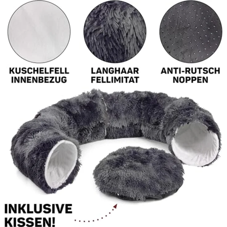 CanadianCat Company | Premium Katzentunnel Otis Dunkelgrau XXL 2-in-1 Donut Tunnel für große Katzen mit flauschigem Liegekissen – Bild 3