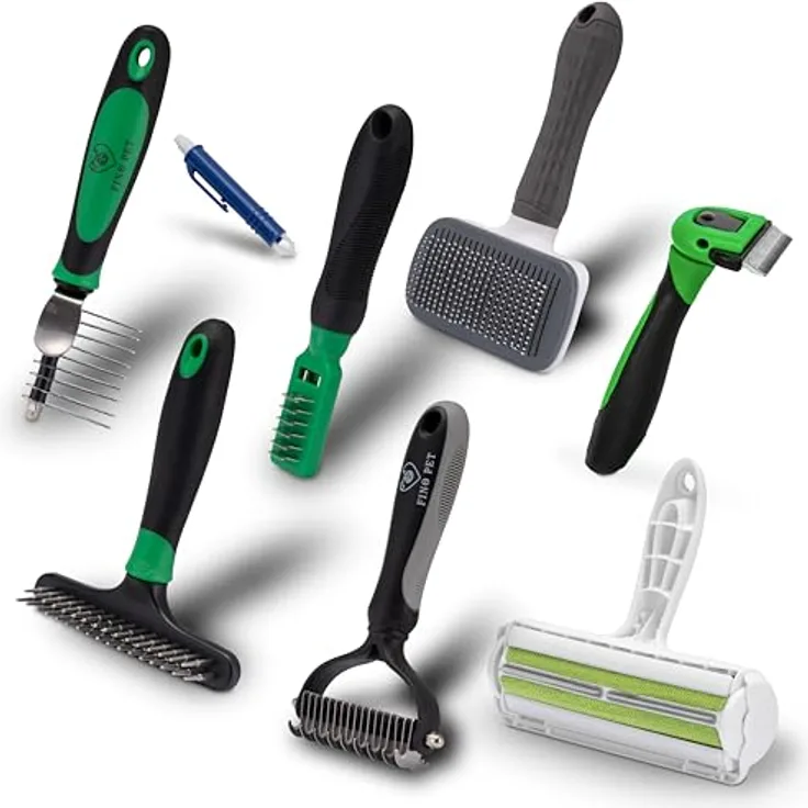 FinoPet 8er Mega-Set auch als Starterset Pflegebürsten, XL Fusselrolle, Zeckenzange, Verschiedene Hundebürsten und Katzenbürsten inklusive Entfilzungsbürsten, Tierhaarentferner, Zeckenentfernung