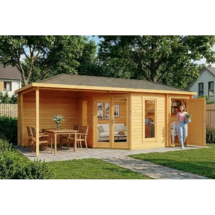 Alpholz 5-Eck Gartenhaus Liwa mit Anbau, imprägniert (Pinie), inkl. Fußboden & Dacheindeckung, BxT: 728x317 cm – Bild 1