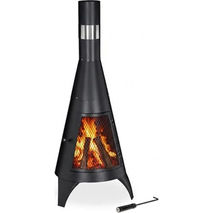 Relaxdays Terrassenofen mit Funkenschutz Tür, dekorative Feuerstelle für Holz, Gartenofen, HxD: 120x45cm, Stahl, schwarz – Bild 2