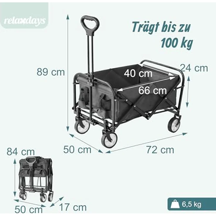 Relaxdays Bollerwagen Faltbar, 100 kg Traglast, Teleskopgriff, 95 l Volumen, Oxford-Gewebe, grau – Bild 4