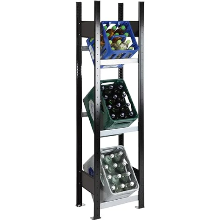 Schulte Lagertechnik Kellerregal, Getränkekisten-Grundregal, 3 Ebenen, 1800 x 400 x 300 mm, schwarz/silber – Bild 1