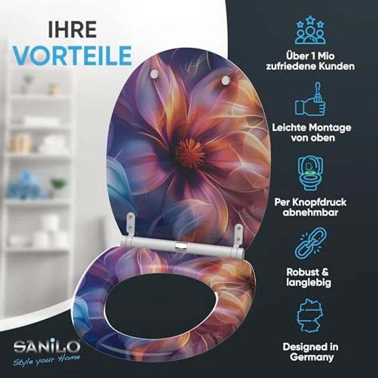 Sanilo WC Sitz Nuvana, mit Absenkautomatik und antibakterieller Beschichtung, 4-seitig bedruckt, Holz, belastbar bis 200 kg – Bild 2