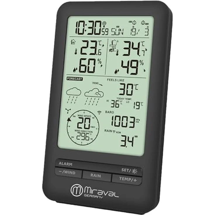 Miraval Funk-Wetterstation, digitale Wetterstation mit Windmesser, Regenmesser, 24-Stunden-Wettervorhersage, schwarzes Design – Bild 2
