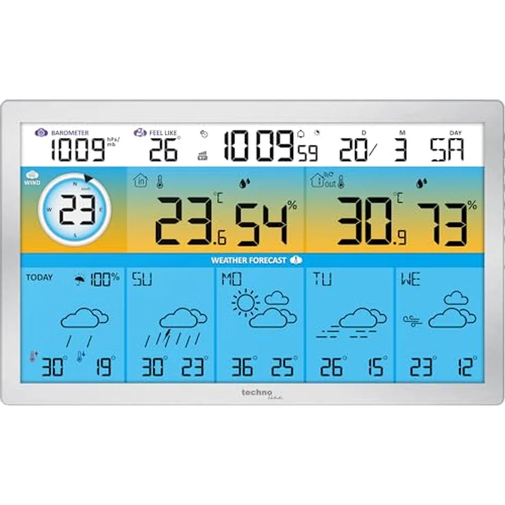 Techno Line WD2500 Funk-Wetterstation, WLAN Wetterdaten für bis zu 3 Außensender, mit Temperatur-, Luftfeuchtigkeits- und Wettervorhersage-Funktionen, weiß – Bild 2
