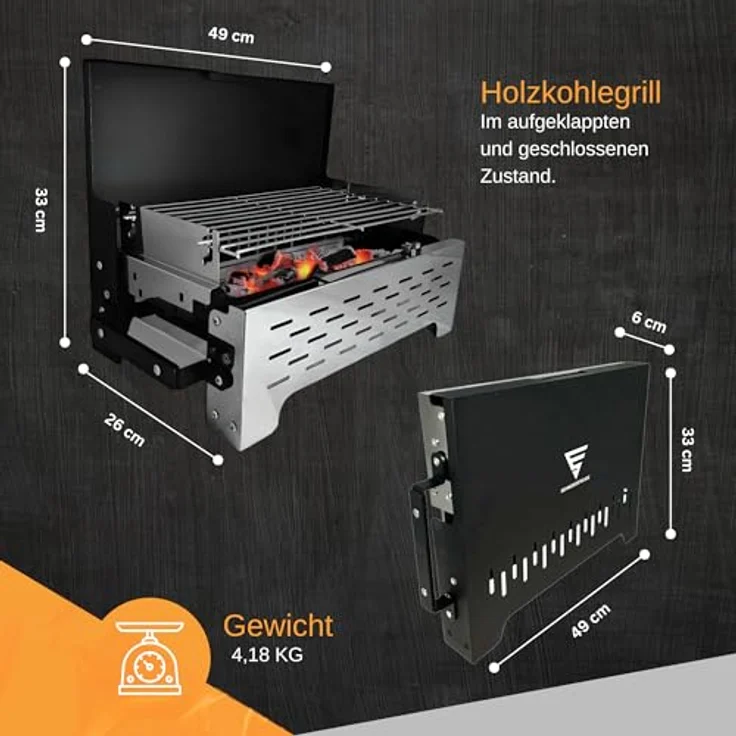 SCHNEIDERFREUDE Klappgrill 2.0, Höhenverstellbarer Holzkohle-Camping-Grill mit Doppelfunktions-Zangen & Tragetasche, DEKRA-geprüft – Bild 6