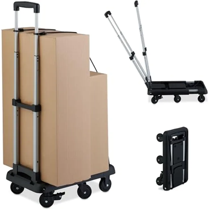 Relaxdays Transportwagen, klappbar und ausziehbar, Teleskopgriff, 100 kg Traglast, 4 Lenkrollen, schwarz