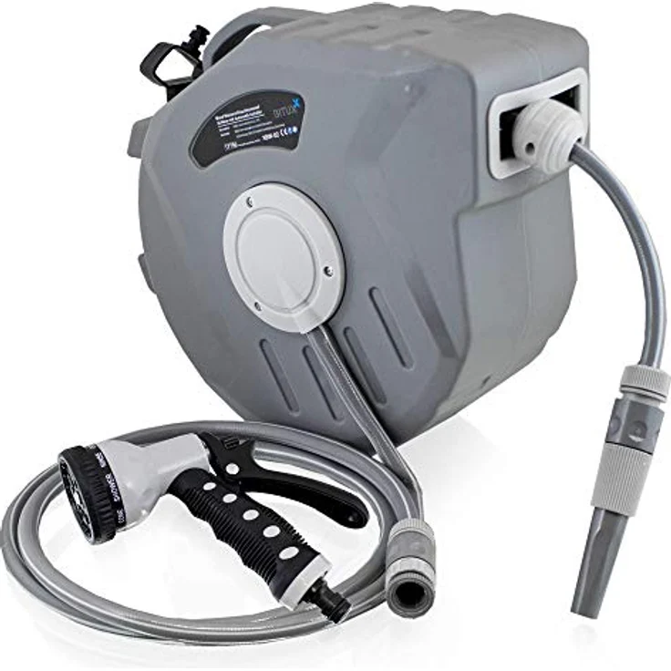 Bituxx Wand Wasser Schlauchtrommel Automatik, Schlauchaufroller für 20 m Wasserschlauch mit Multi Schlauchpistole und verschiedenen Wasserstrahl Einstellungen – Bild 1