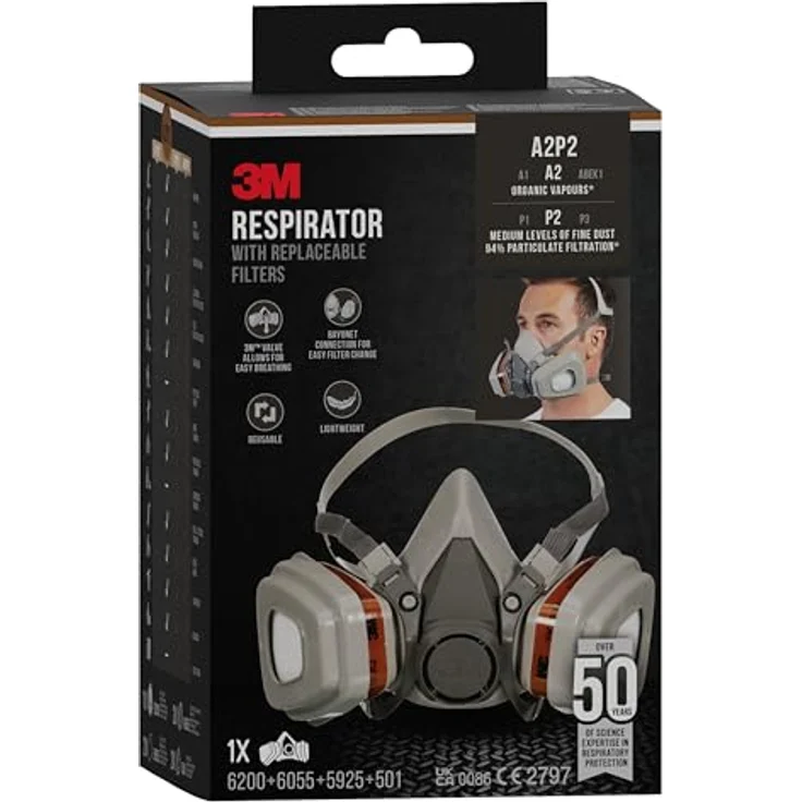 3M Mehrweg-Halbmaske 6002C - Halbmaske mit Wechselfiltern gegen organische Gase, Dämpfe und Partikel - Für Farbspritz- und Maschinenschleifarbeiten – Bild 8