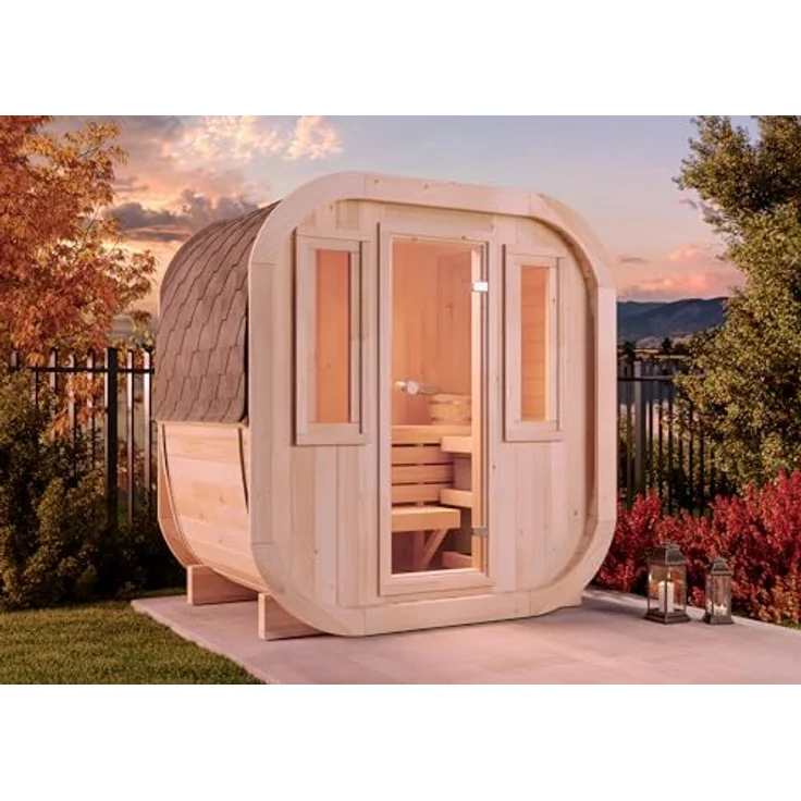 FinnTherm Fasssauna ScandiCube Mini XXS, 42 mm, 42 mm Wandstärke, nordische Fichte, 2 bronzierte Fenster – Bild 2