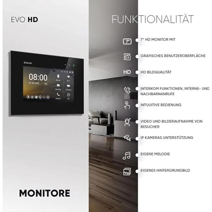Balter EVO HD Video Türsprechanlage, Komplettset für Einfamilienhaus mit 7-Zoll HD Monitor, Full HD Kamera, Smartphone App, Schwarz – Bild 3