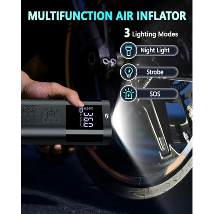 SERVOMASTER Elektrische Luftpumpe, Tragbarer Akku Kompressor mit Manometer, LED Licht und Digitalem Display, 4+N Modi, Kompakt und Leicht – Bild 4