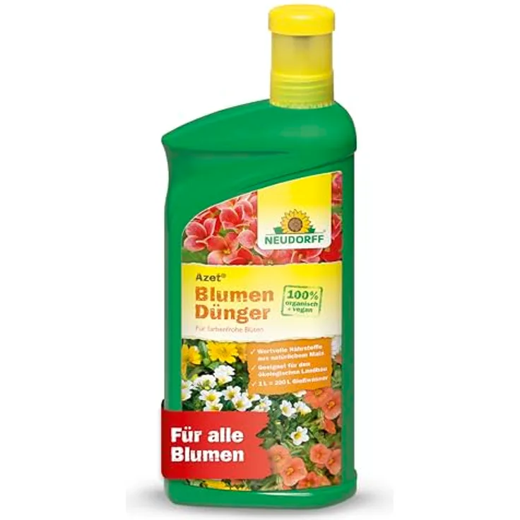 Neudorff Azet Blumendünger Bio, 1L flüssig, 100% organisch und vegan für 200L Gießwasser, ideales Balkon- und Zimmerpflanzendünger mit Dosierbecher