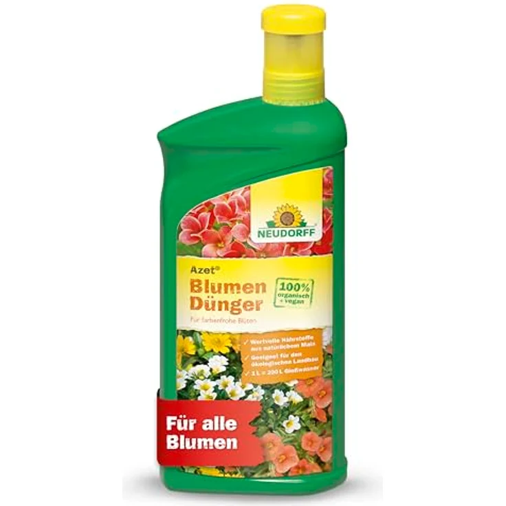Neudorff Azet Blumendünger Bio, 1L flüssig, 100% organisch und vegan für 200L Gießwasser, ideales Balkon- und Zimmerpflanzendünger mit Dosierbecher – Bild 1