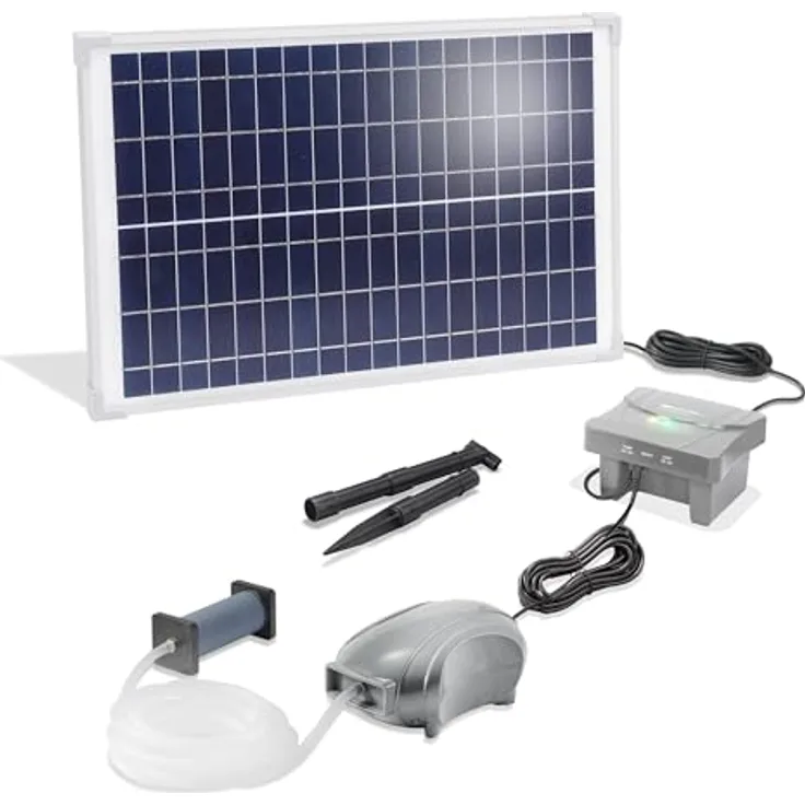 Esotec Solar Teichbelüfter Set 25/600, LiFePO4 Akku 12,8V/DC, 600 l/h Luftleistung, 25W Solarpanel, Gartenteich Luftpumpe, einfach zu installieren, Erdspieß 101876