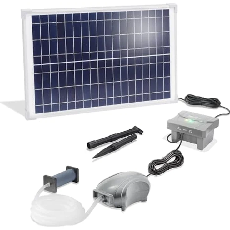 Esotec Solar Teichbelüfter Set 25/600, LiFePO4 Akku 12,8V/DC, 600 l/h Luftleistung, 25W Solarpanel, Gartenteich Luftpumpe, einfach zu installieren, Erdspieß 101876 – Bild 1