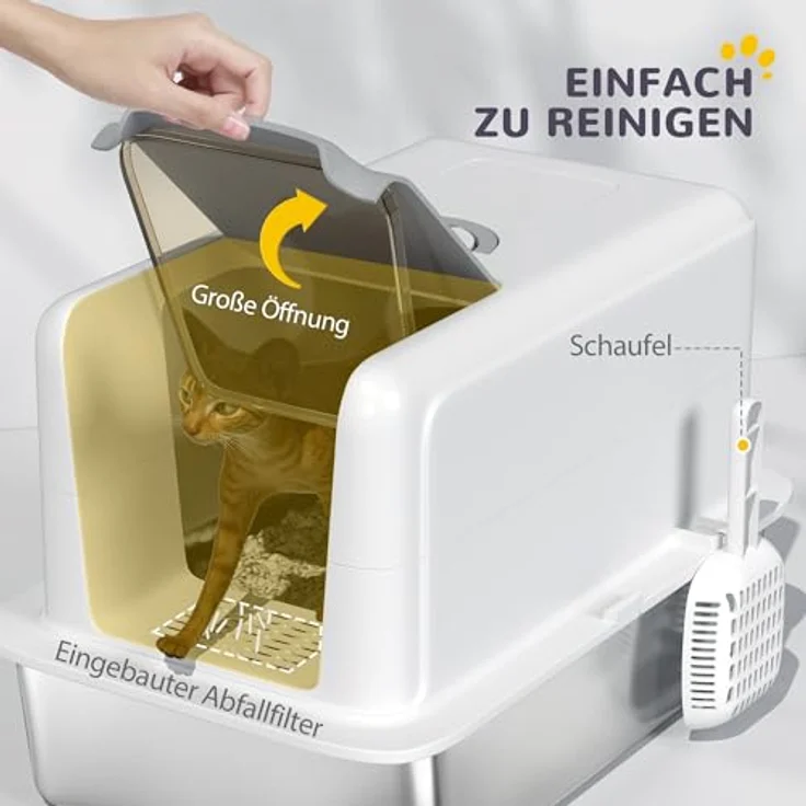 PawHut Katzenklo, Katzentoilette mit Deckel, Edelstahlwanne, Streufilter, Streuschaufel, bis 6 kg, Weiß – Bild 4