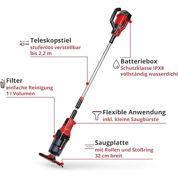 Einhell Akku-Poolsauger GE-PV 18/42 Li T-Solo PXC, 32 cm Saugplatte, teleskopierbar bis 220 cm, wasserdicht, Filterbox mit 1+ Liter Volumen, ohne Akku – Bild 3