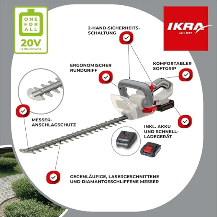 IKRA Akku Heckenschere IAHS 20-1, 20V, 54 cm Schnittlänge, 18 mm Schnittstärke, inkl. 2 Akkus (2,0 & 2,5 Ah) & Schnelllader, kabellos mit Schnellstop und Antivibrationssystem – Bild 6