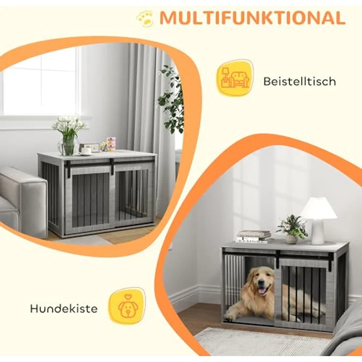 PawHut Hundekäfig für Zuhause, Abschließbar Hundehütte mit Eingang, Hundebox mit Schiebetür, Hundehaus für große Hunde unter 30 kg, Grau, 98 x 58 x 61 cm – Bild 4