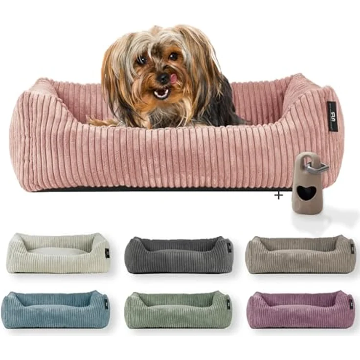 Rohrschneider Hundebett waschbar, Cordstoffbett für kleine und mittelgroße Hunde, 2 Größen (ca. 55x42 cm / ca. 70x50 cm), inkl. Gassibeutel in Powder rosa, wendbares Kissen mit Antirutschunterlage – Bild 1