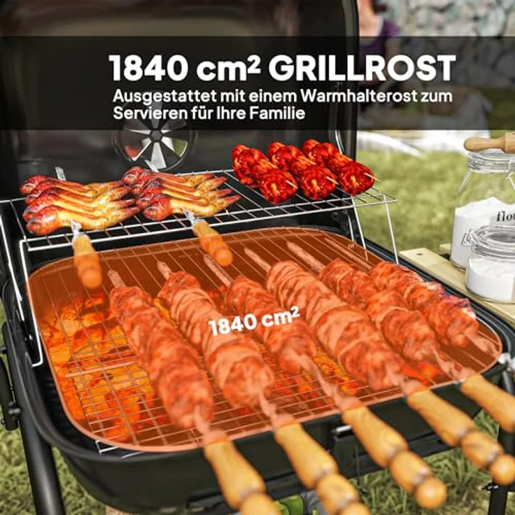 Outsunny Holzkohlegrill aus Stahl, fahrbar mit abschließbarem Deckel, 1840 cm² Grillfläche, zwei seitliche Ablagen, schwarz – Bild 3