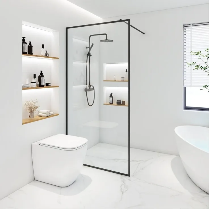 HOME DELUXE Duschwand Duschabtrennung BAKI Schwarzer Rahmen, 10mm Einscheibensicherheitsglas, Barrierefreie Duschlösung