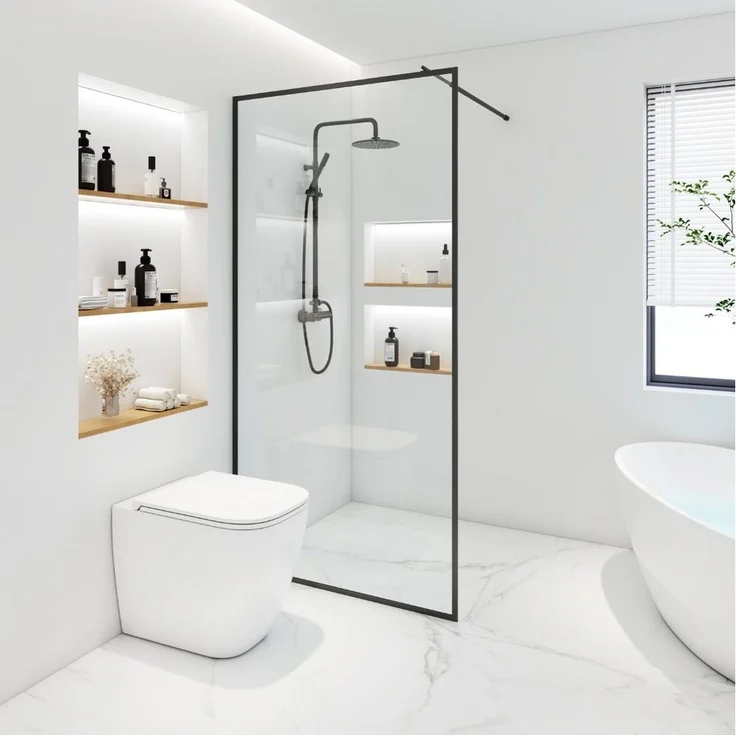 HOME DELUXE Duschwand Duschabtrennung BAKI Schwarzer Rahmen, 10mm Einscheibensicherheitsglas, Barrierefreie Duschlösung