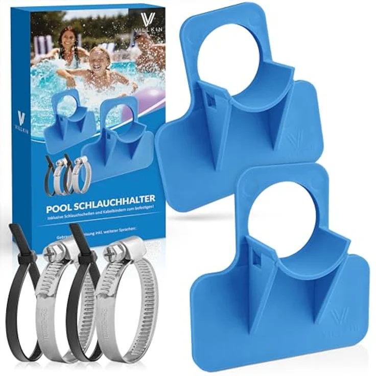 Villkin Poolschlauchhalter 2er-Set, inkl. 2x Schlauchschellen & 2x Kabelbinder, Schutz für Poolschläuche (26-38mm), kompatibel mit Intex & Bestway – Bild 1