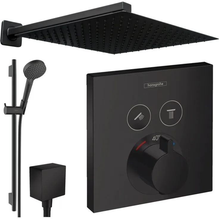 Hansgrohe und Jowi ShowerSelect Duscharmatur, Unterputz Duschsystem mit mattschwarzer Kopfbrause und Thermostat, für 2 Verbraucher
