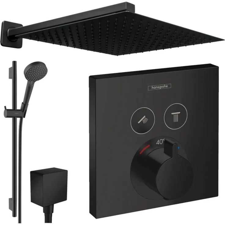 Hansgrohe und Jowi ShowerSelect Duscharmatur, Unterputz Duschsystem mit mattschwarzer Kopfbrause und Thermostat, für 2 Verbraucher