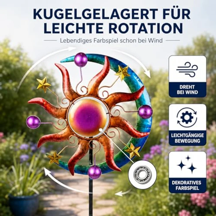 Buntes Windrad Sonne Mond und Sterne für den Garten aus Metall Windspiel Windmühle 124 cm – Bild 4