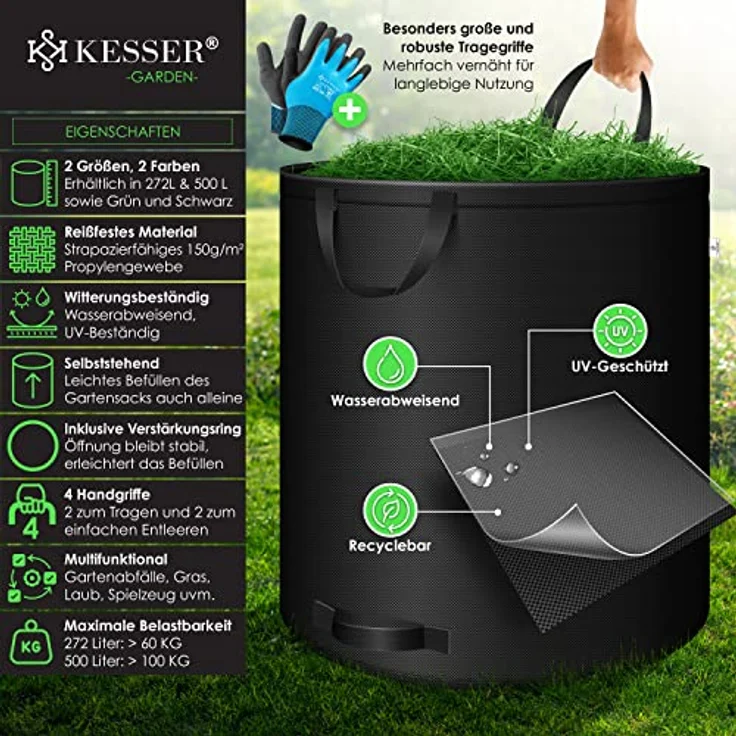 KESSER® Gartensack 2x 500L Set Laubsack Gartenabfallsack inkl. Handschuhe - Selbststehend 4 Griffe Stabil Robust & Faltbar - Laubsäcke Rasenschnitt für Gartenabfälle Grünschnitt Schwarz – Bild 2