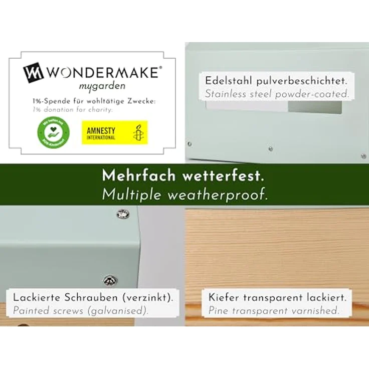 WONDERMAKE® Großes Design Vogelhaus aus Metall und Holz wetterfest zum Aufhängen, modernes Vogelfutterhaus XL Metalldach hängend, Vogelhäuschen Futterhaus für Vögel, Edelstahl Kiefer, türkis-grau mint – Bild 3