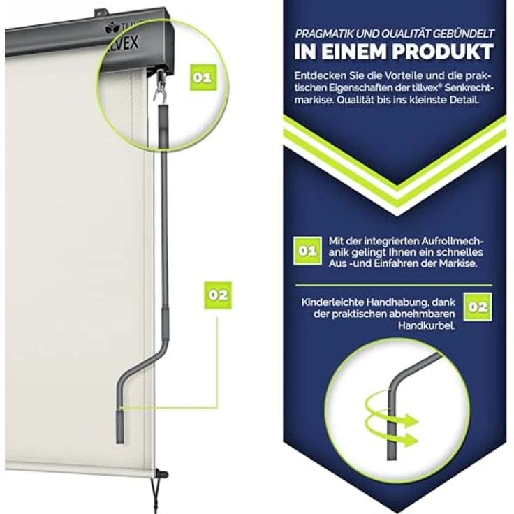 tillvex Senkrechtmarkise 180 x 250 cm für Außen- und Innenbereich | Wasserfest, Handkurbel, Aluminium | Sonnenschutz, Sichtschutz | Silber – Bild 3