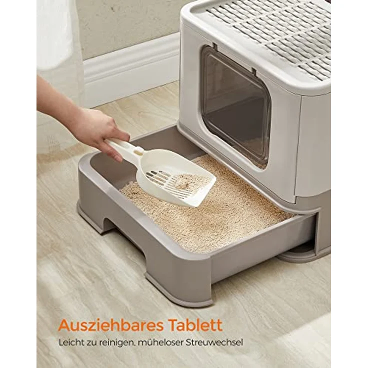 Feandrea Katzenklo, Katzentoilette, mit Deckel, ausziehbares Tablett, Schaufel, Bürste, geräumig für Katzen bis 15 kg, weniger Spuren, auslaufsicherer Boden, haferflockenfarben-warmgrau PPT001G01 – Bild 3