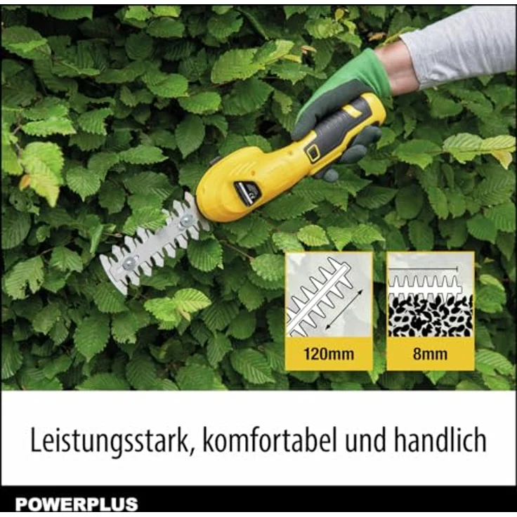 Powerplus POWXG2034 Rasen-/Strauchschere, 8V Akku-Heckenschneider mit ergonomischem Griff, gelb – Bild 6