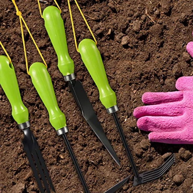 relaxdays Gartenhacke Gartenwerkzeug Set 4-teilig, ergonomische Griffe, Aufhängung, 460 g, Eisen-Kunststoff, bunt – Bild 4