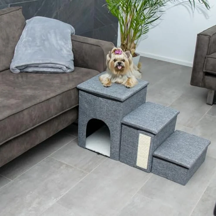 Intirilife Faltbare Hundetreppe mit 3 Stufen in Grau - Haustiertreppe mit Stauraum, Kratzmatte, Höhle - Ideal für kleine Hunde – Bild 4
