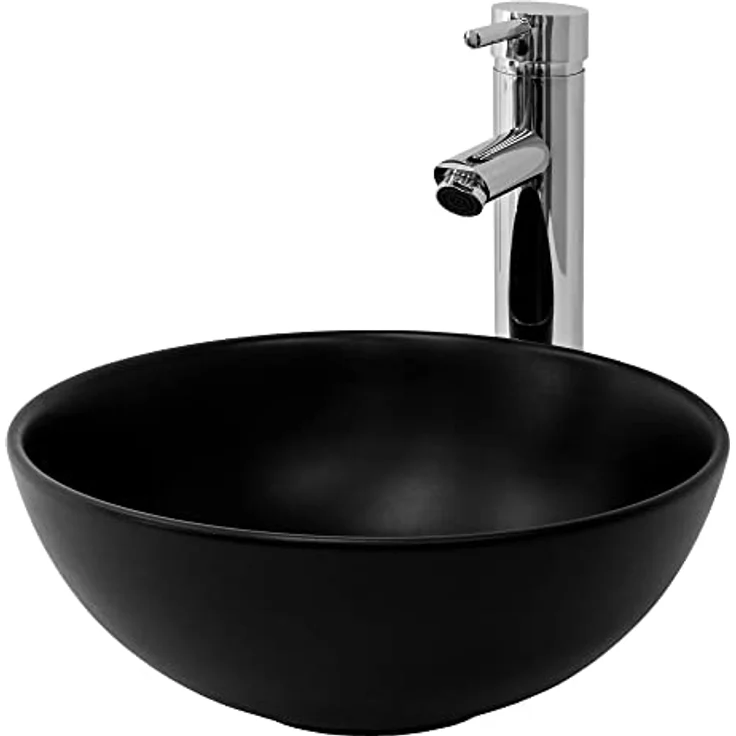 ML-Design Waschbecken aus Keramik Schwarz Matt Ø32x13,5cm Rund inkl. Ablaufgarnitur ohne Überlauf, Moderne Aufsatzwaschbecken Waschtisch Waschschale Waschplatz Handwaschbecken, für Badezimmer/Gäste-WC – Bild 2