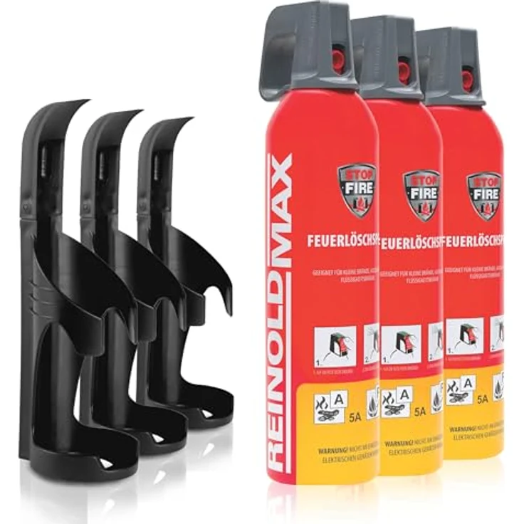 XENOTEC Premium Feuerlöschspray, 3 x 750ml, wiederverwendbar, inkl. 3 Wandhalterung schwarz, löscht Brandklassen A, B, E, F – Bild 1