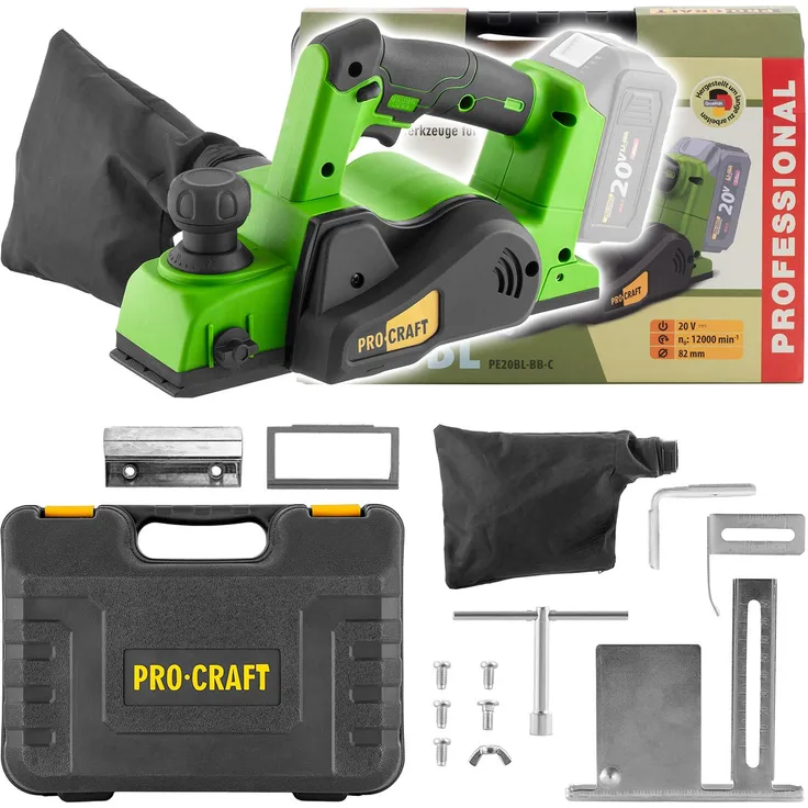 Procraft PE20BLbb Akku Hobel 20 V, 82 mm Brushless Motor, ergonomisch, ohne Akku und Ladegerät, inkl. Koffer