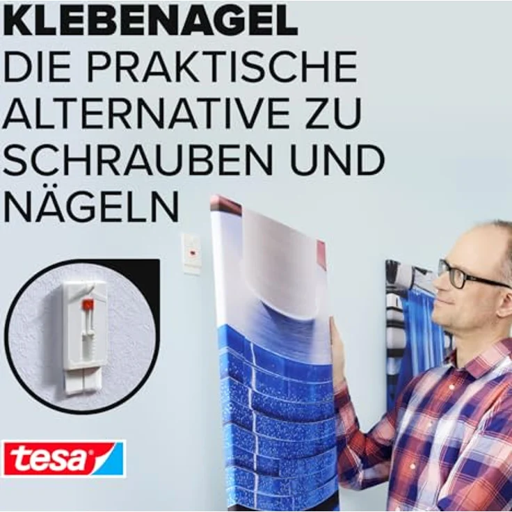 tesa 77777-00000-00 Tapete & Putz bis 2kg Verstellbarer Klebenagel für Tapeten und Putz-Selbstklebender Nagel Powerstrips - 2 x 2 kg Halteleistung, Weiß, 2 kg, 2 Stück – Bild 2