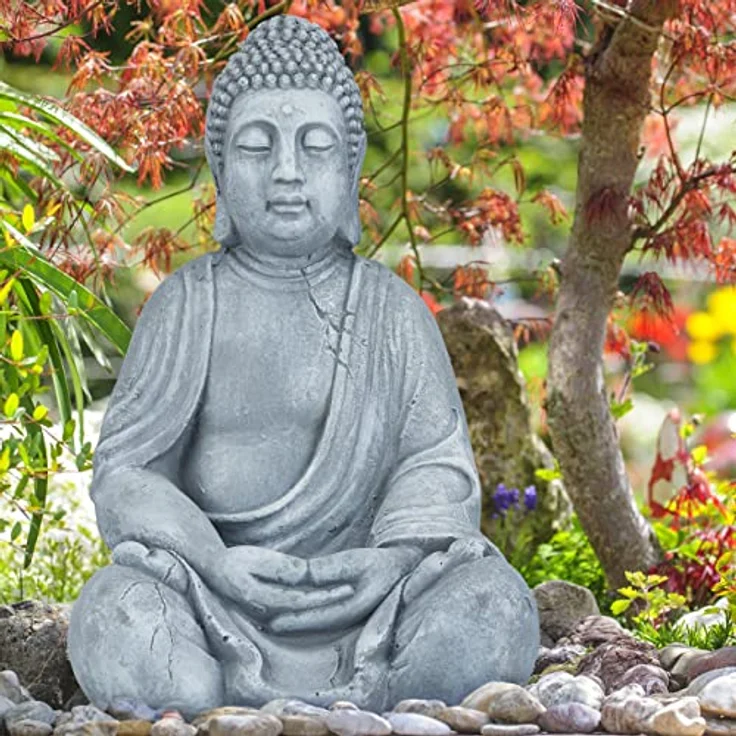 XL Buddha Figur sitzend, 50 cm hoch, Feng Shui, Outdoor, Garten Dekofigur, große Zen Buddha Statue, hellgrau - Preisvergleich – Bild 2