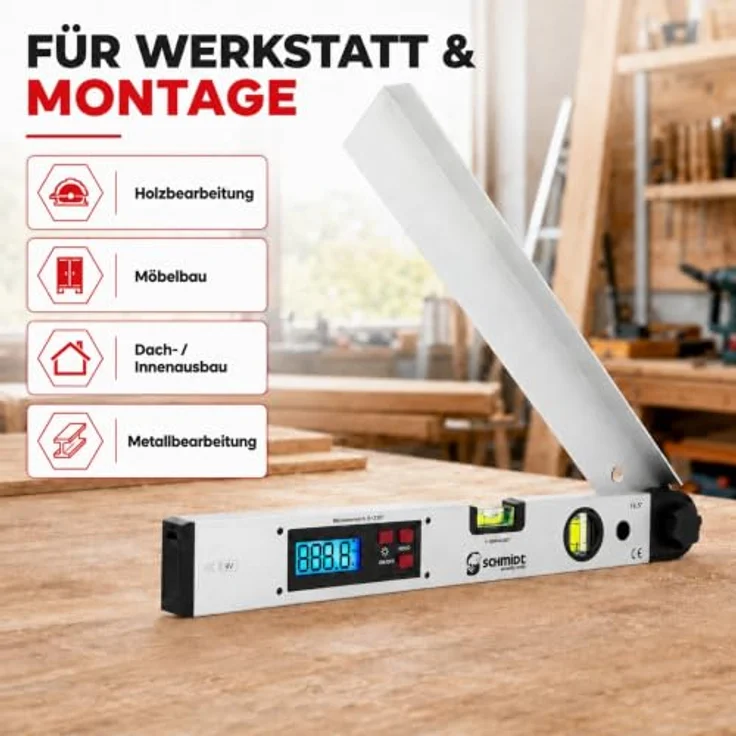 SCHMIDT security tools WM-420A digitale Wasserwaage und Winkelmesser, LCD Display mit blauer Hintergrundbeleuchtung, Messgenauigkeit ±0,5°, Silber – Bild 8