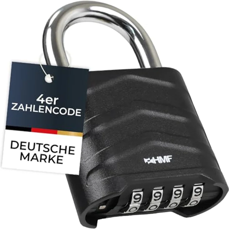 HMF Vorhängeschloss mit 4-stelligem Zahlencode, robustes Aluminiumlegierung Schloss, 5,6 x 2,6 x 8,7 cm, Schwarz – Bild 1
