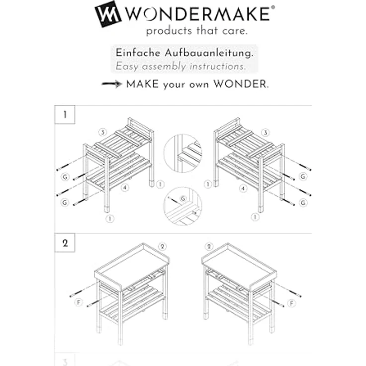 WONDERMAKE Pflanztisch groß weiß mit 3 Schubladen aus Holz wetterfest, Garten-Arbeitstisch XL, Outdoor draußen Balkon hochwertig, Gärtnertisch Umtopftisch, weiß grau – Bild 9