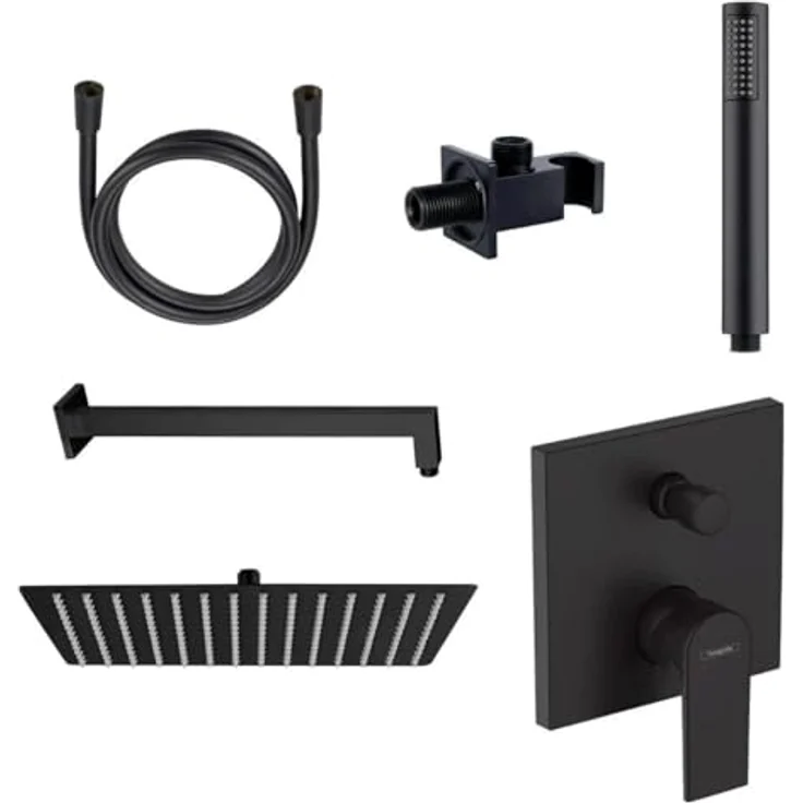 Belvit Hansgrohe Vernis Unterputz Wannenarmatur Set, Duschset mit 30x30 cm Regendusche, Handbrause, Brausearm und Duschschlauch, Schwarz, ohne iBox – Bild 1